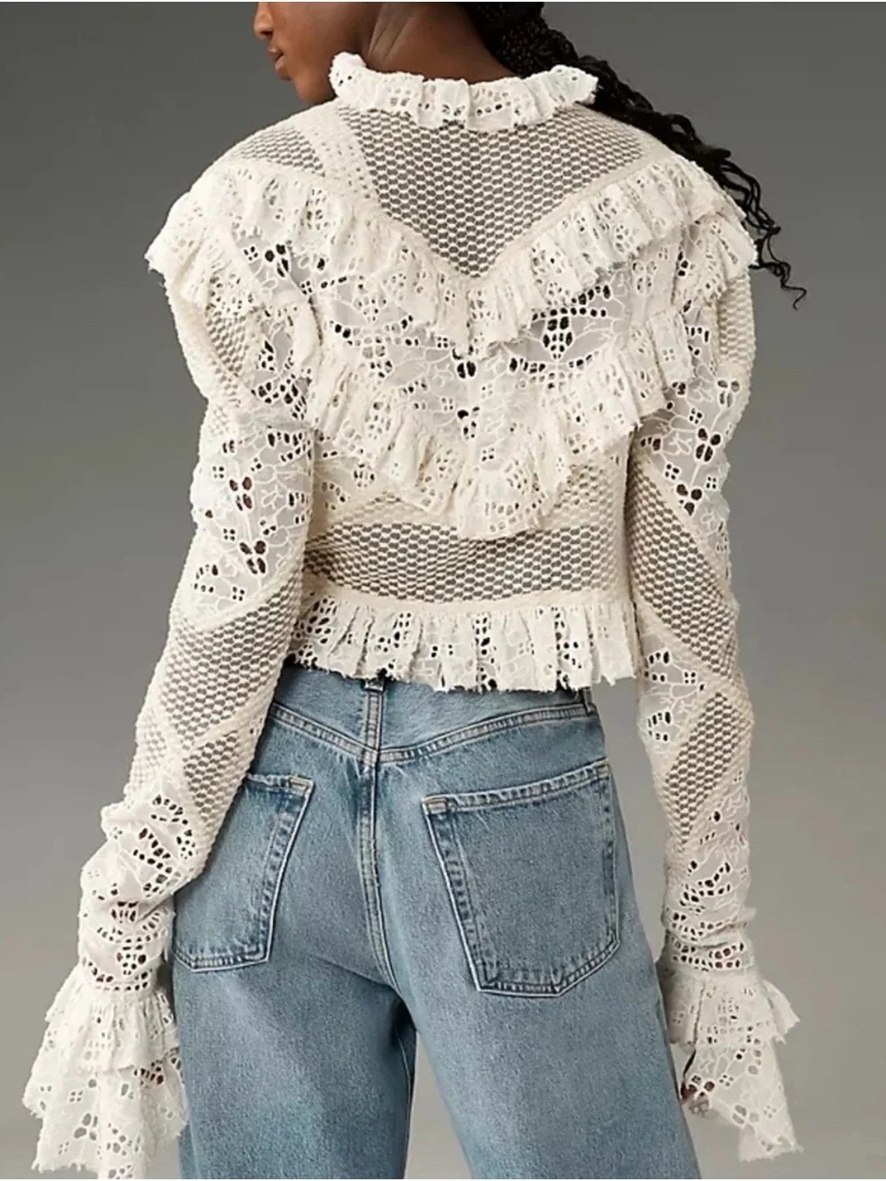 Anthropologie Ivory Crochet Ruffle Button-Front Blouse